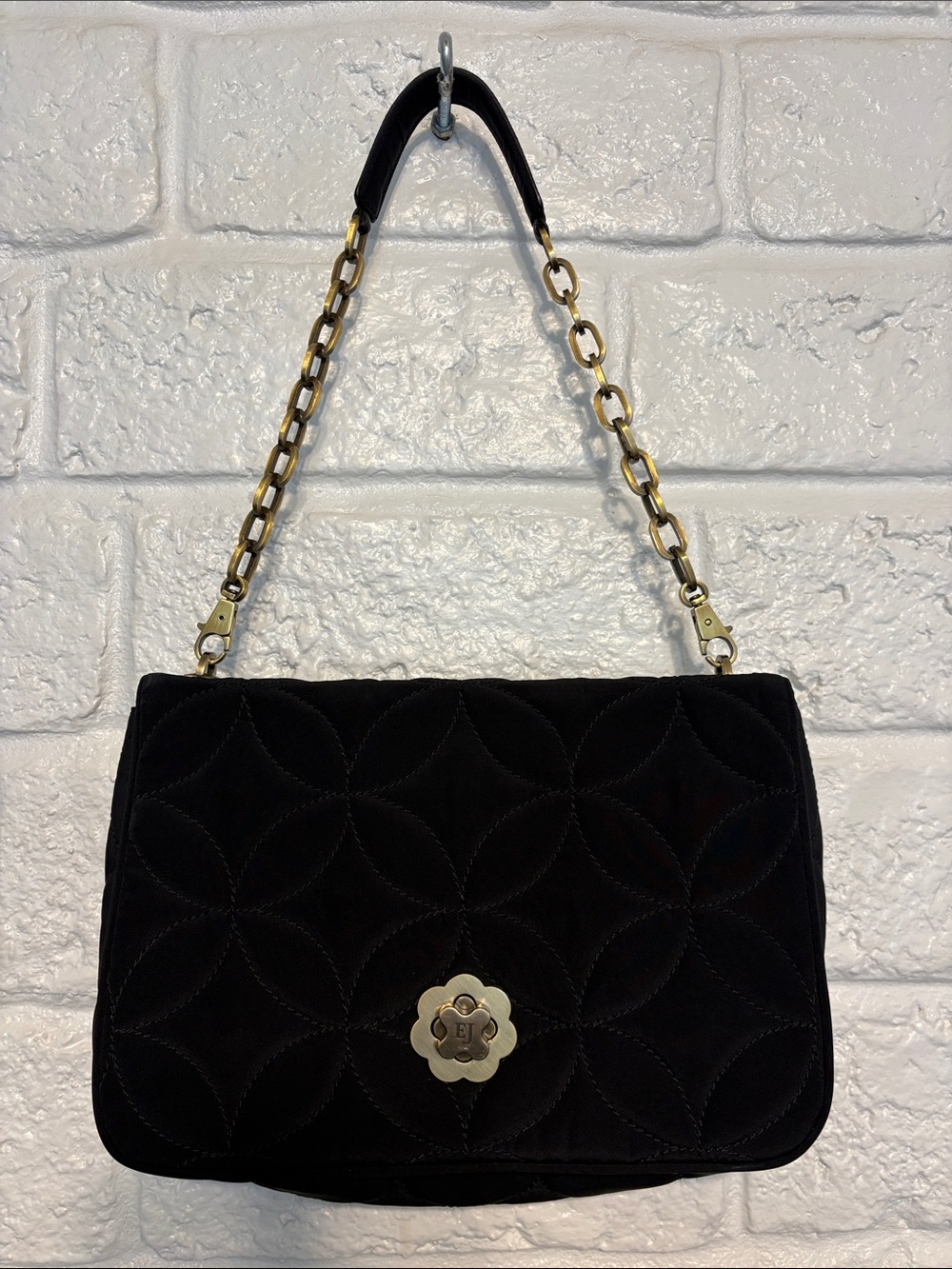 ERIC JAVITS NEW YORK Black Quilted Twist Lock Shoulder Bag with Gold Chain